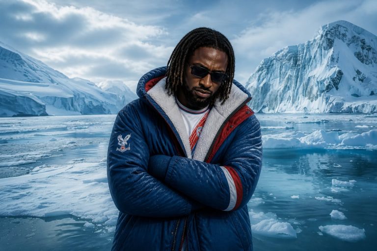 A person wearing Crystal Palace outerwear with folded arms, posed against an icy, mountainous seascape.