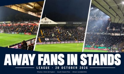 Collage of Plymouth Argyle, Sheffield Wednesday and Portsmouth away fans in stands on 20 October 2026