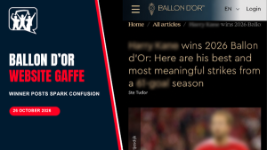 Fan Banter Ballon d’Or website gaffe artwork with one winner article screenshot selectively blurred to hide the player’s identity.