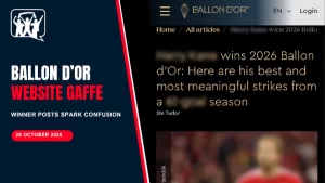 Fan Banter Ballon d’Or website gaffe artwork with one winner article screenshot selectively blurred to hide the player’s identity.