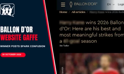 Fan Banter Ballon d’Or website gaffe artwork with one winner article screenshot selectively blurred to hide the player’s identity.