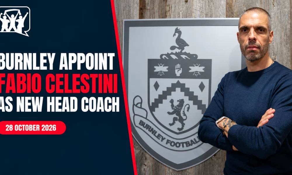 Burnley appoint Fabio Celestini as head coach, with Celestini pictured beside the club crest