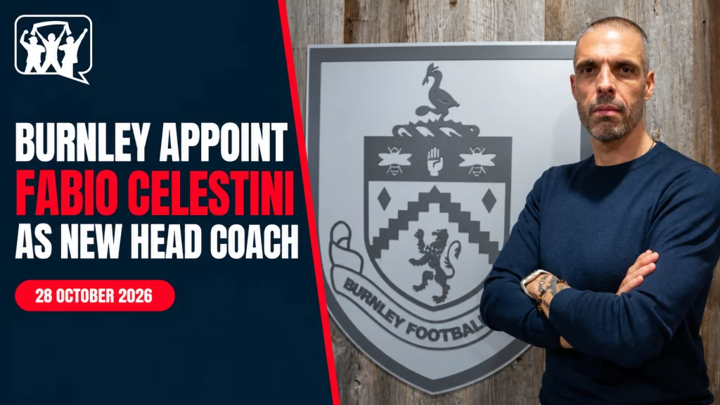 Burnley appoint Fabio Celestini as head coach, with Celestini pictured beside the club crest