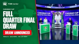 Fan Banter Carabao Cup full quarter-final draw artwork, with the draw studio and trophy on the right.