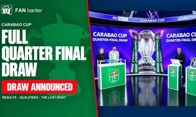 Fan Banter Carabao Cup full quarter-final draw artwork, with the draw studio and trophy on the right.