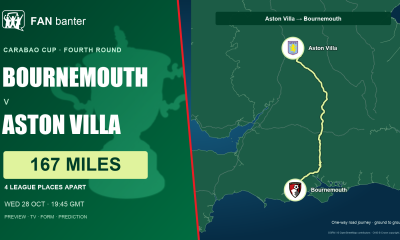 Bournemouth v Aston Villa Carabao Cup preview: 167-mile away-fan road journey, both club crests and 4 league places between the sides.