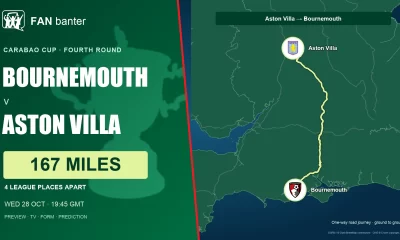 Bournemouth v Aston Villa Carabao Cup preview: 167-mile away-fan road journey, both club crests and 4 league places between the sides.