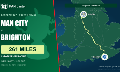 Manchester City v Brighton & Hove Albion Carabao Cup preview: 261-mile away-fan road journey, both club crests and 2 league places between the sides.