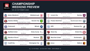 Championship fixtures for 23–24 October 2026, with club crests, UK kick-off times and television channels