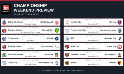 Championship fixtures for 23–24 October 2026, with club crests, UK kick-off times and television channels