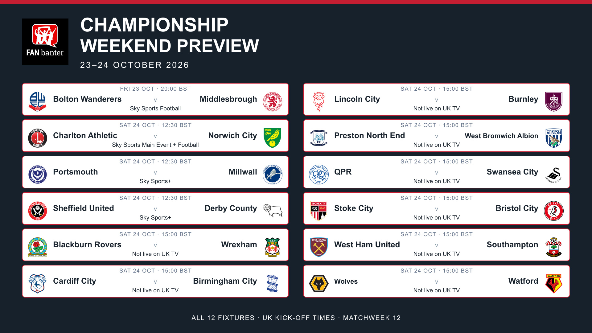 All 12 Championship fixtures for 23–24 October 2026, UK kick-off times and television channels