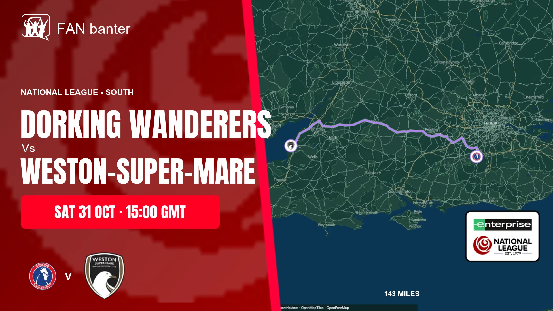 Dorking Wanderers Vs Weston-super-Mare match preview and away-fan journey map
