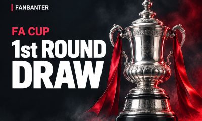 Silver FA Cup trophy beside bold 1st Round Draw lettering on a red and charcoal FanBanter graphic.