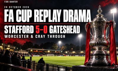 FA Cup replay drama: Stafford 5–0 Gateshead, with Worcester and Cray through, beside an illustrated FA Cup trophy.