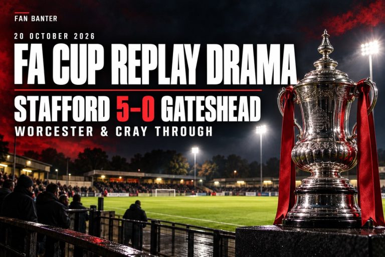 FA Cup replay drama: Stafford 5–0 Gateshead, with Worcester and Cray through, beside an illustrated FA Cup trophy.