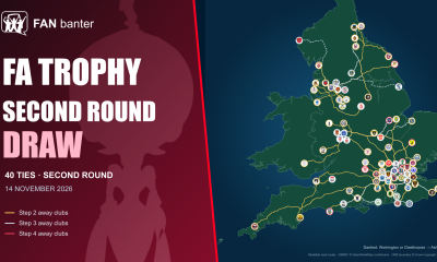 FA Trophy second-round draw: burgundy cup branding, an oversized trophy and a map of all 40 ties with club crests and away-fan road routes.