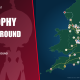 FA Trophy second-round draw: burgundy cup branding, an oversized trophy and a map of all 40 ties with club crests and away-fan road routes.