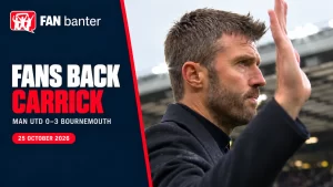 Michael Carrick applauds Old Trafford supporters after Manchester United’s defeat to Bournemouth, alongside the words Fans Back Carrick.
