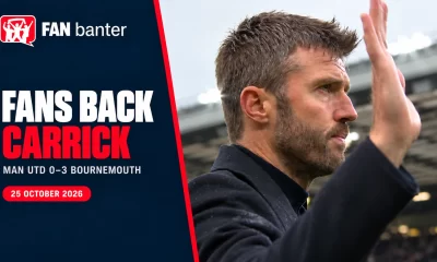 Michael Carrick applauds Old Trafford supporters after Manchester United’s defeat to Bournemouth, alongside the words Fans Back Carrick.