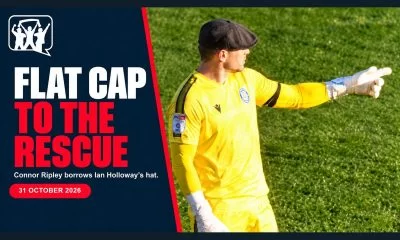 Connor Ripley wearing Ian Holloway’s flat cap, with Fan Banter headline artwork