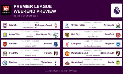 All ten Premier League fixtures, 23–25 October 2026, with club crests, UK kick-off times and TV channels.