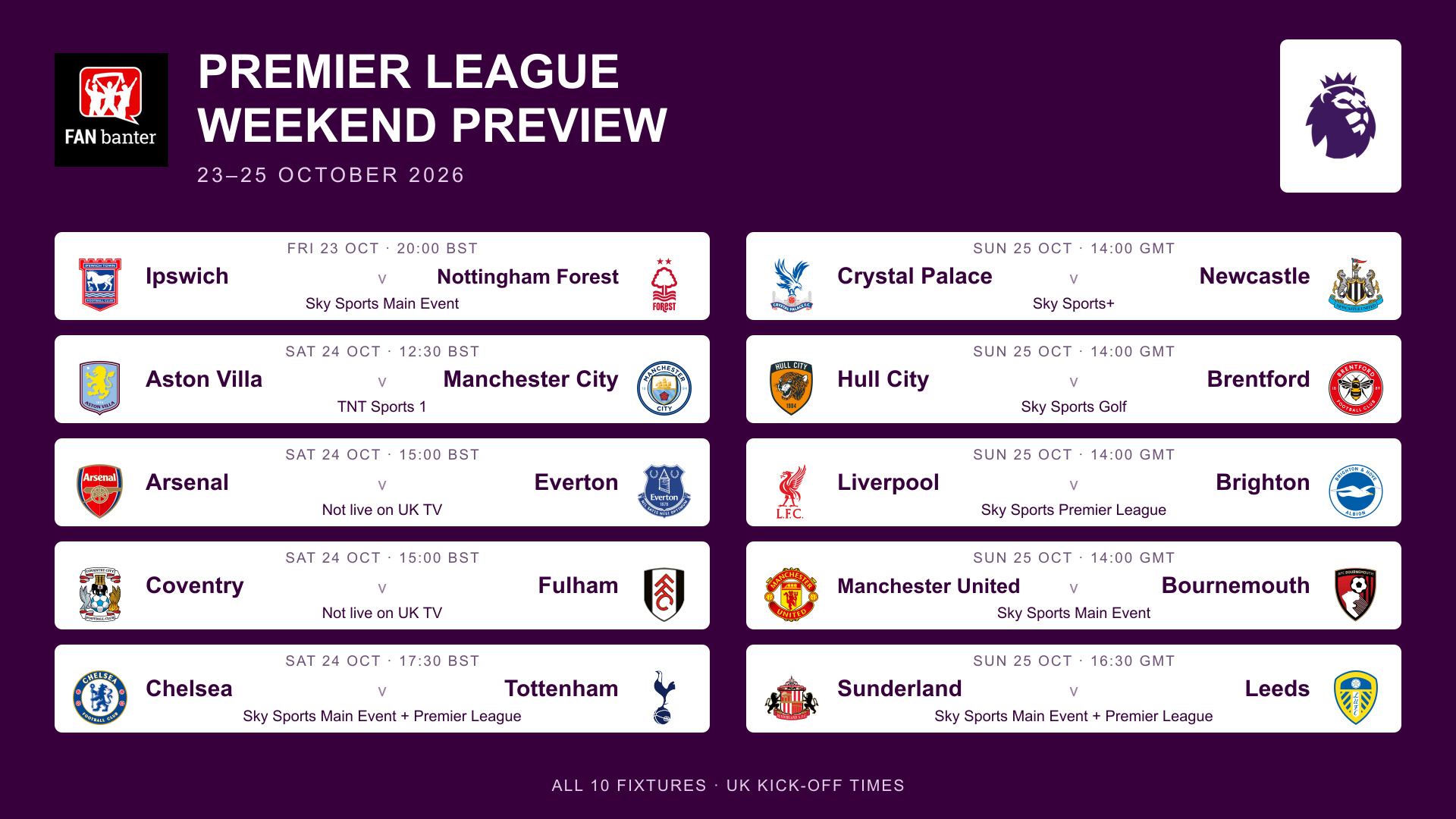 All ten Premier League fixtures for 23–25 October 2026 with club crests, UK kick-off times and television channels