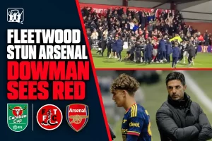 Fleetwood supporters celebrate on the pitch as Max Dowman walks past Mikel Arteta after his red card