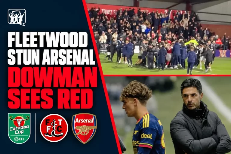 Fleetwood supporters celebrate on the pitch as Max Dowman walks past Mikel Arteta after his red card
