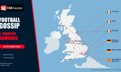 Fan Banter football gossip map for 26 October 2026, showing reported transfer routes between UK clubs and overseas clubs marked by country flags.