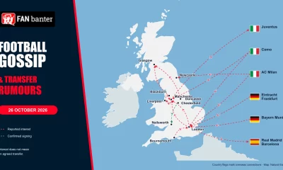 Fan Banter football gossip map for 26 October 2026, showing reported transfer routes between UK clubs and overseas clubs marked by country flags.