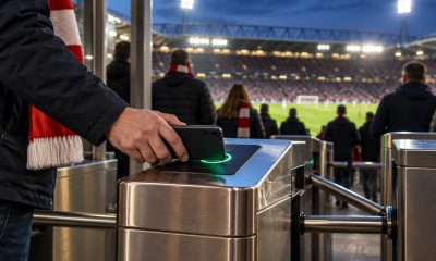 A supporter scanning a smartphone at a football stadium turnstile