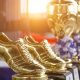 Golden football boot trophies lined up beside cups