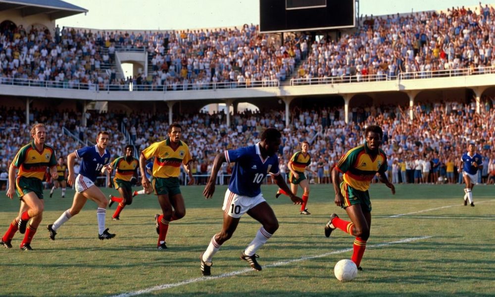 Footballers in blue and yellow kits playing in a crowded stadium