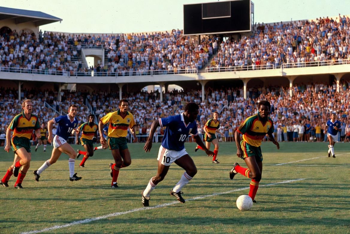 Footballers in blue and yellow kits playing in a crowded stadium