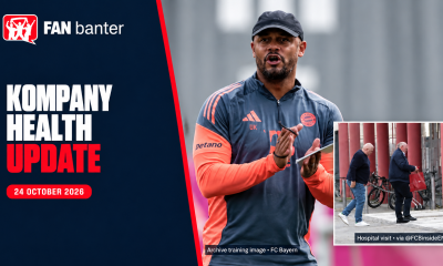 Vincent Kompany in Bayern Munich training gear, with an inset of Uli Hoeneß arriving for a hospital visit.