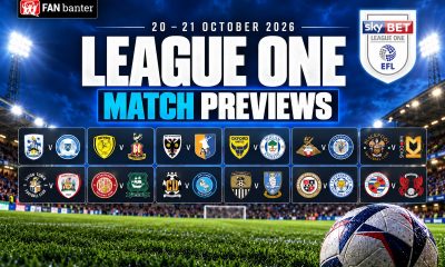 League One match previews for 20–21 October 2026, with the competition logo and twelve fixture badge pairings above a floodlit stadium.