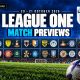 League One match previews for 20–21 October 2026, with the competition logo and twelve fixture badge pairings above a floodlit stadium.