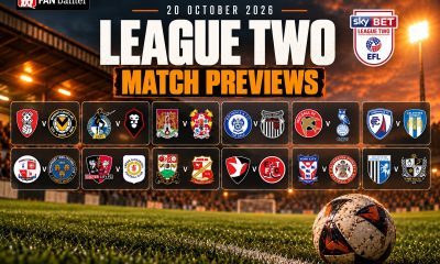 League Two match previews for 20 October 2026, with the competition logo and twelve fixture badge pairings above an amber-lit stadium.