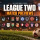 League Two match previews for 20 October 2026, with the competition logo and twelve fixture badge pairings above an amber-lit stadium.
