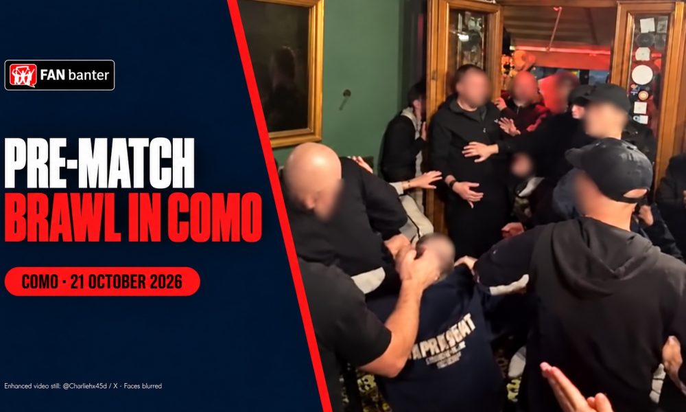 Enhanced video still of the reported pre-match brawl in Como involving Man United fans, with faces blurred