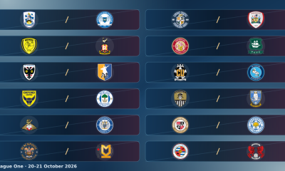 League One fixture graphic for 20 October and 21 October, showing 12 home-and-away club pairings.
