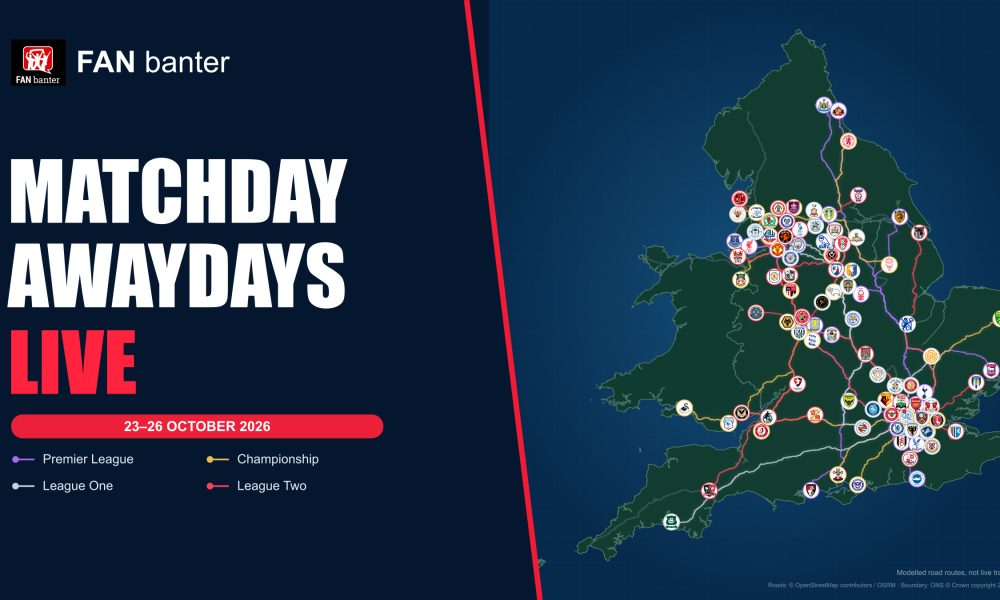 Matchday Awaydays Live, 23–26 October 2026: England and Wales road map with club crests connected by purple Premier League, gold Championship, silver League One and red League Two journeys.