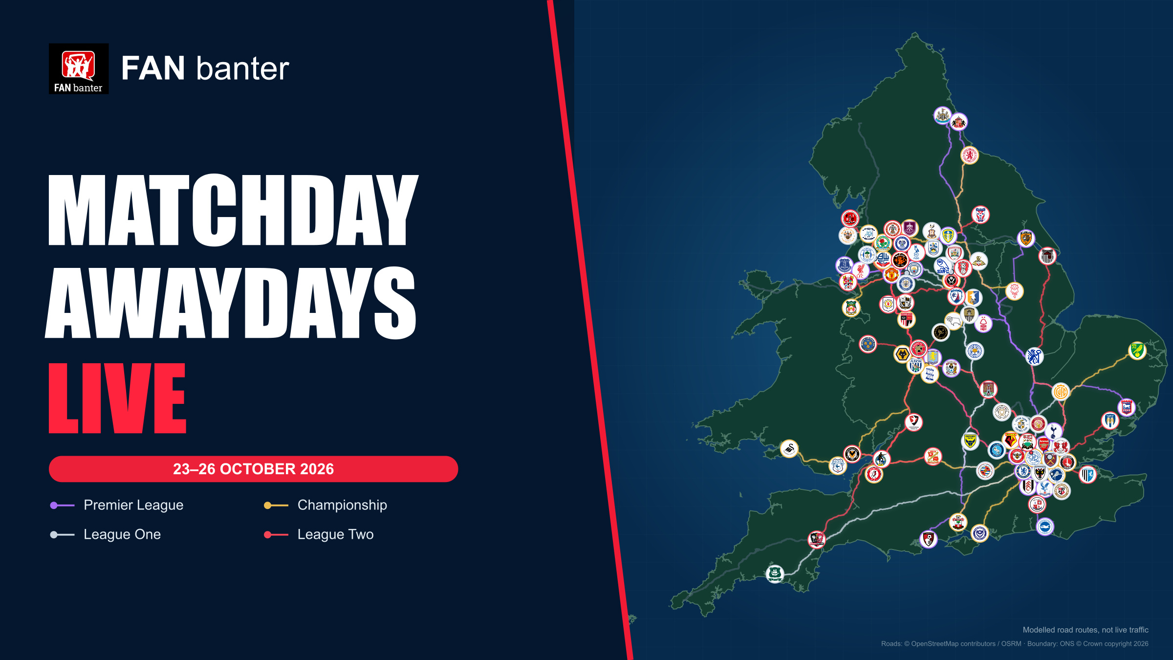 Matchday Awaydays Live: this weekend’s England and Wales road journeys, with club crests and league-coloured routes