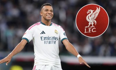 Kylian Mbappe in a Real Madrid shirt beside the Liverpool FC crest