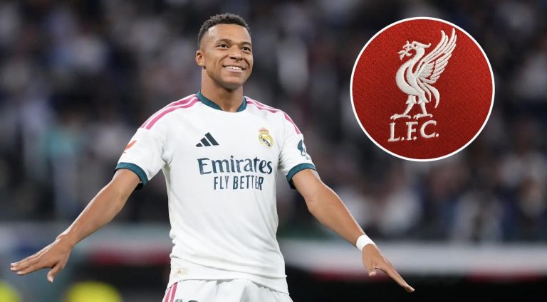 Kylian Mbappe in a Real Madrid shirt beside the Liverpool FC crest