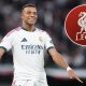 Kylian Mbappe in a Real Madrid shirt beside the Liverpool FC crest