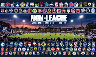 Non-league club crests surrounding a packed small football ground under floodlights, for the 2026/27 Steps 1–3 attendance rankings.