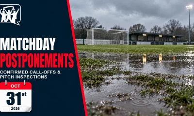 Fan Banter matchday postponements graphic for 31 October 2026, with a waterlogged football pitch and calendar date.