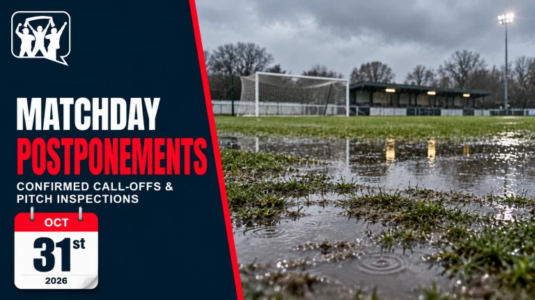 Fan Banter matchday postponements graphic for 31 October 2026, with a waterlogged football pitch and calendar date.