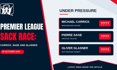 Premier League sack race featuring Michael Carrick, Pierre Sage and Oliver Glasner, with question marks hiding their odds.